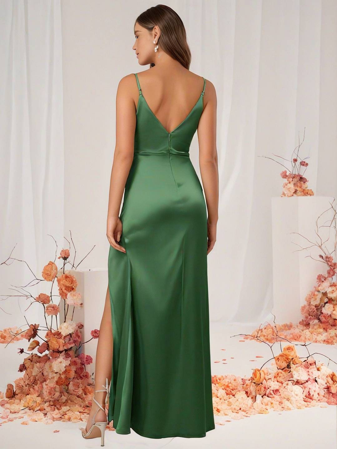 GR | Bridesmaid Dress Satin V-Neck Split Back Sleeveless Evening Guest Wedding Dress 