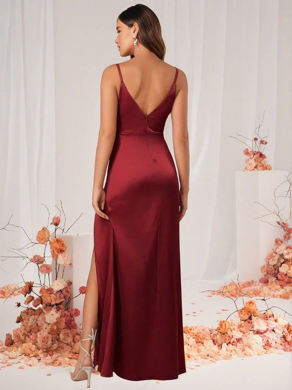 GR | Bridesmaid Dress Satin V-Neck Split Back Sleeveless Evening Guest Wedding Dress 