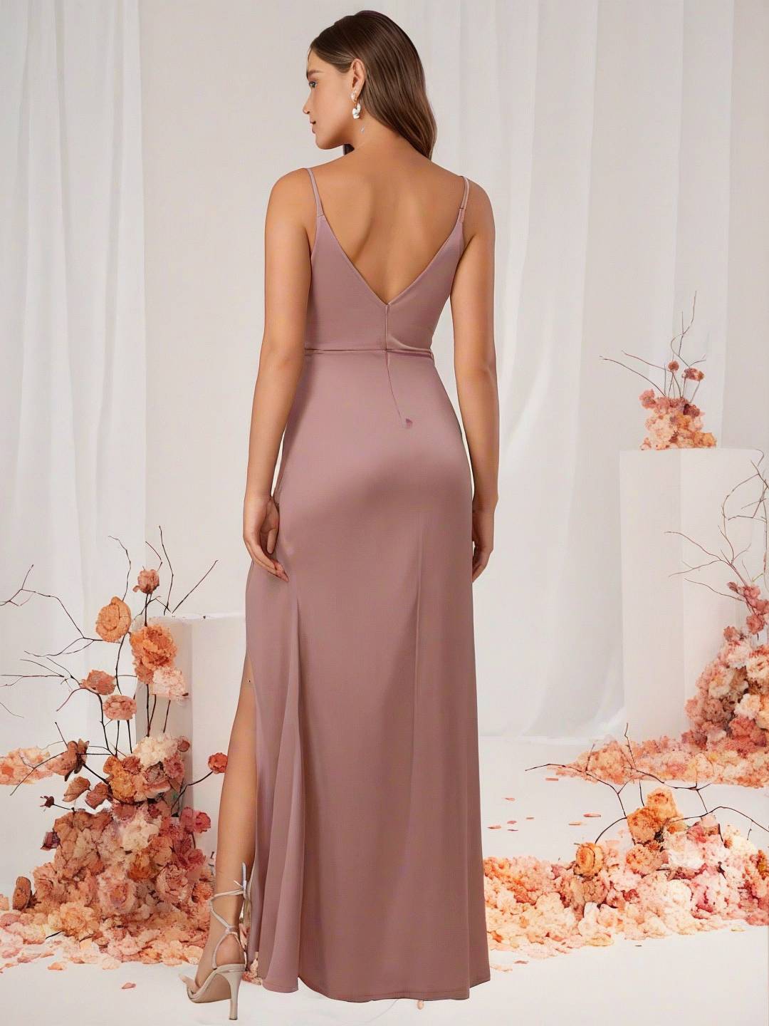 GR | Bridesmaid Dress Satin V-Neck Split Back Sleeveless Evening Guest Wedding Dress 