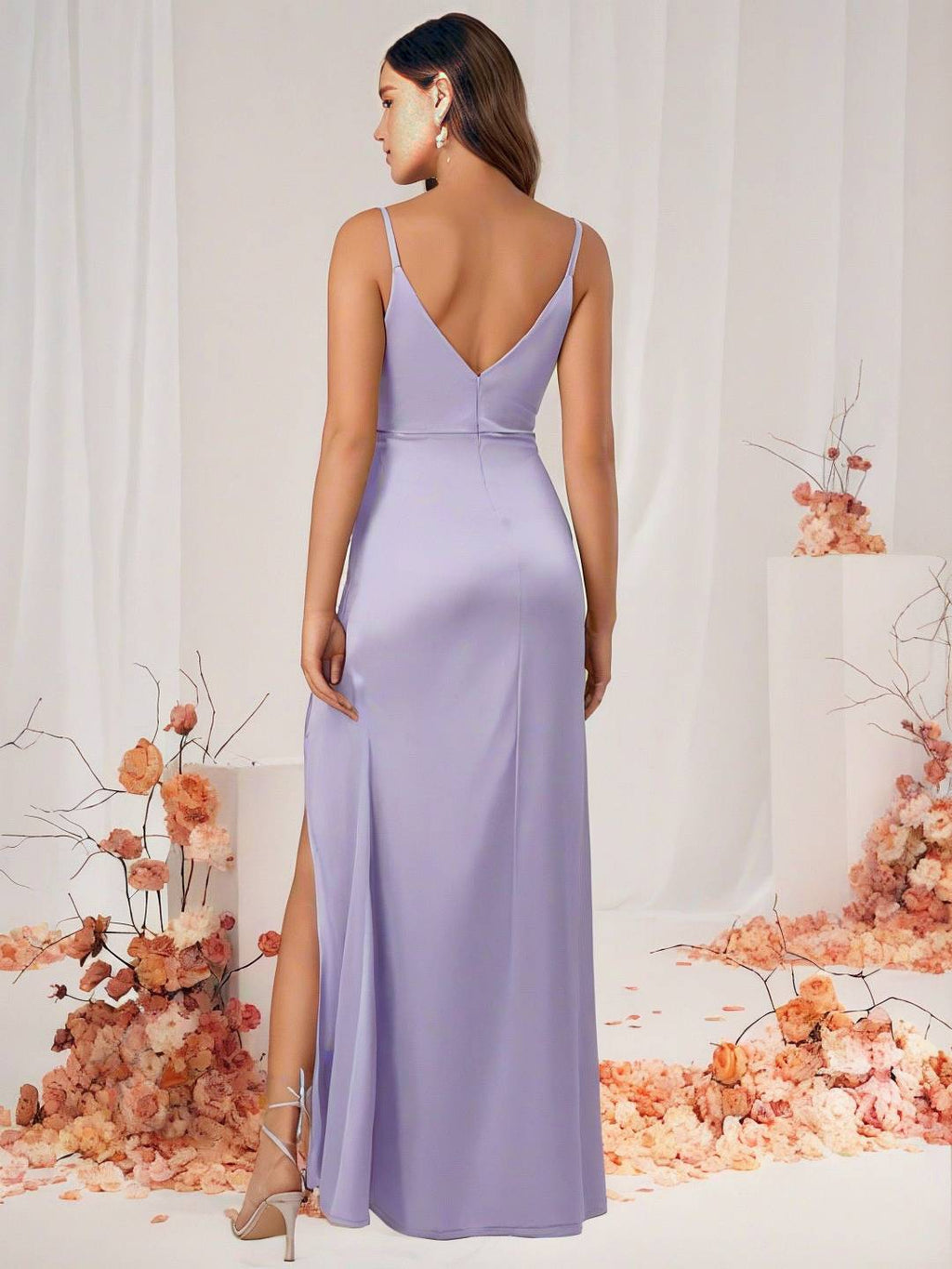 GR | Bridesmaid Dress Satin V-Neck Split Back Sleeveless Evening Guest Wedding Dress 