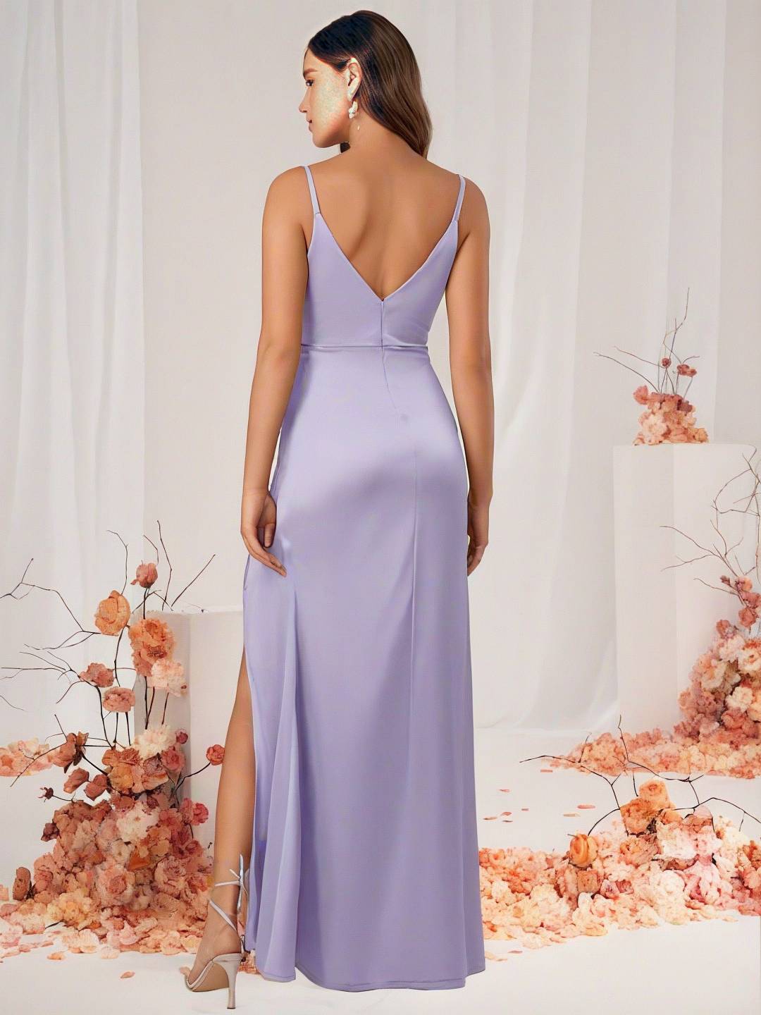 GR | Bridesmaid Dress Satin V-Neck Split Back Sleeveless Evening Guest Wedding Dress 
