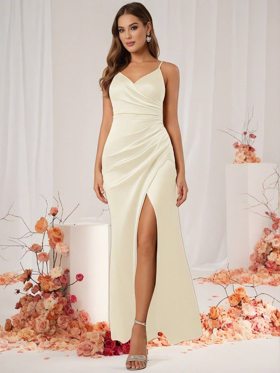 GR | Bridesmaid Dress Satin V-Neck Split Back Sleeveless Evening Guest Wedding Dress 