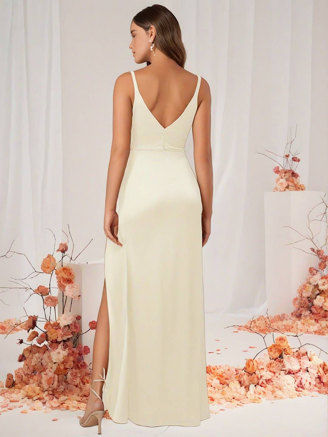 GR | Bridesmaid Dress Satin V-Neck Split Back Sleeveless Evening Guest Wedding Dress 