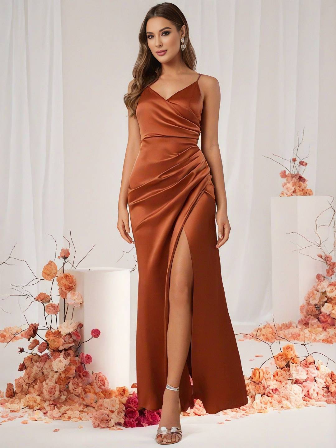GR | Bridesmaid Dress Satin V-Neck Split Back Sleeveless Evening Guest Wedding Dress 