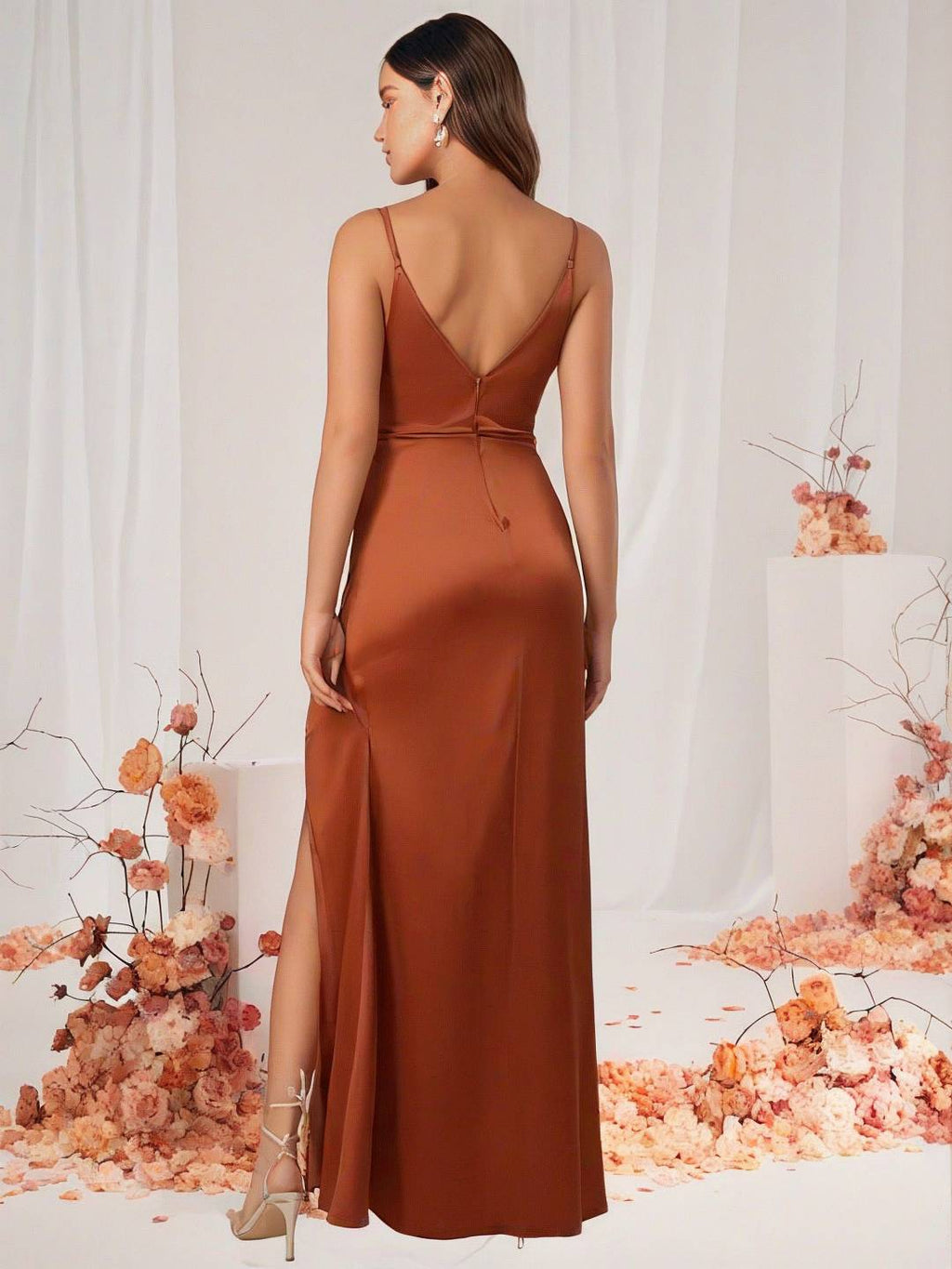 GR | Bridesmaid Dress Satin V-Neck Split Back Sleeveless Evening Guest Wedding Dress 