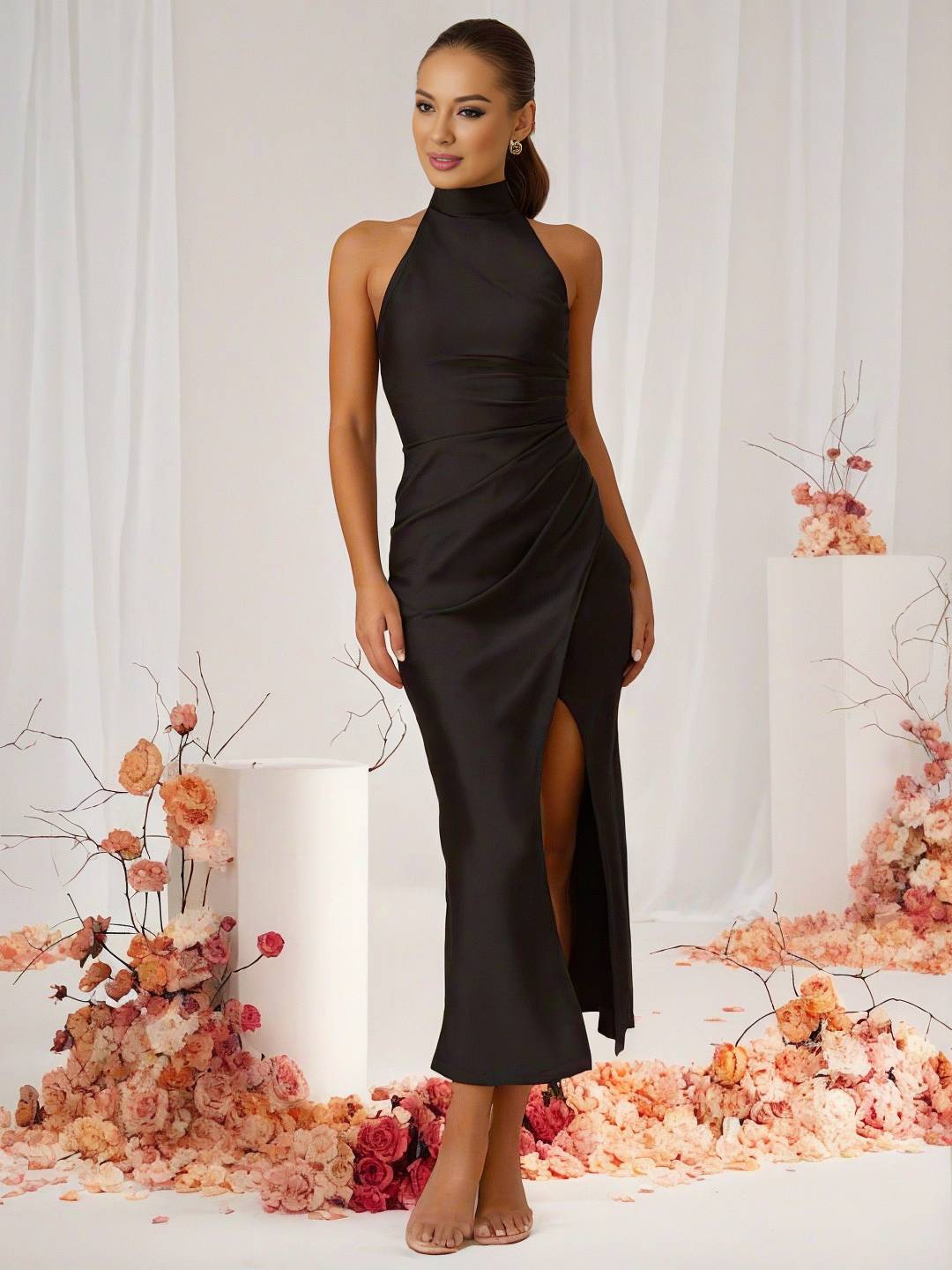 GR | Bridesmaid Dress Satin Halter Open Back Sleeveless Elegant Wedding Cocktail Ceremony Guest 