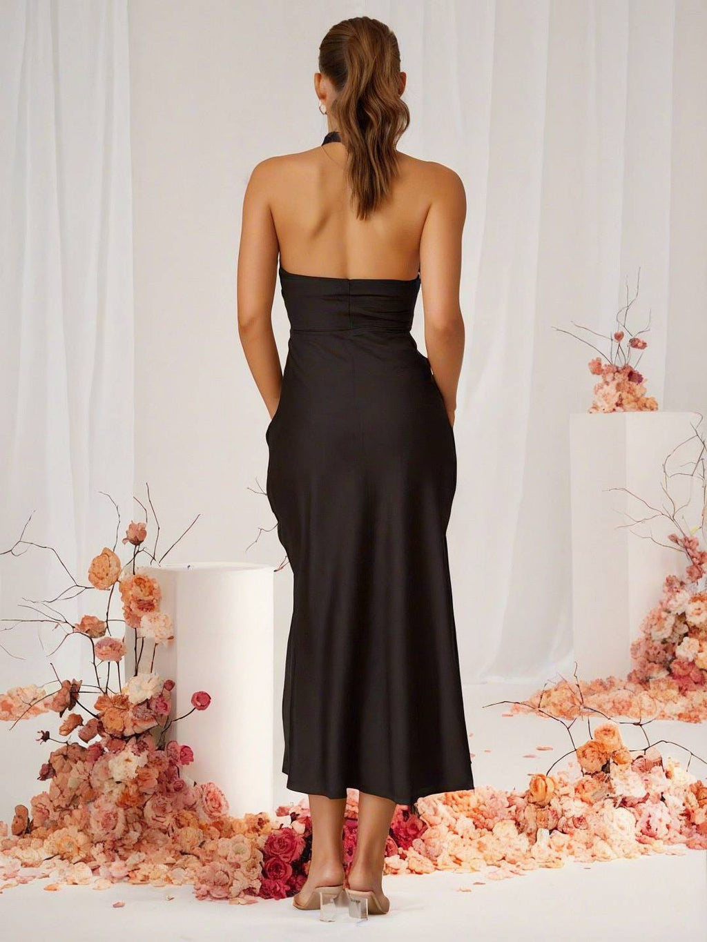 GR | Bridesmaid Dress Satin Halter Open Back Sleeveless Elegant Wedding Cocktail Ceremony Guest 