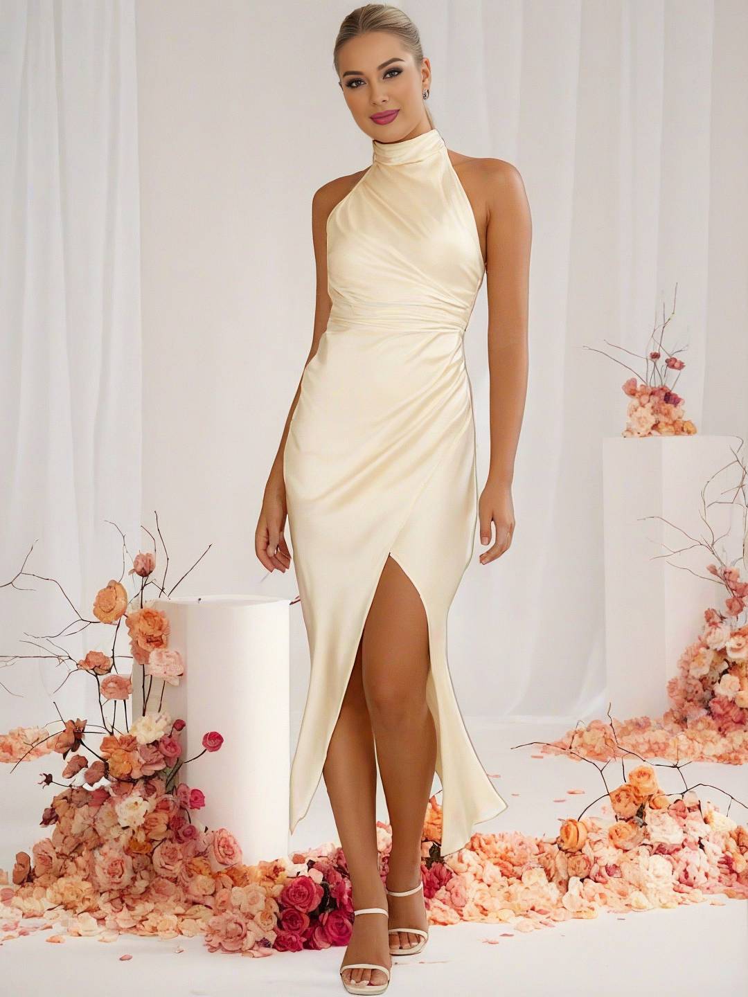 GR | Bridesmaid Dress Satin Halter Open Back Sleeveless Elegant Wedding Cocktail Ceremony Guest 