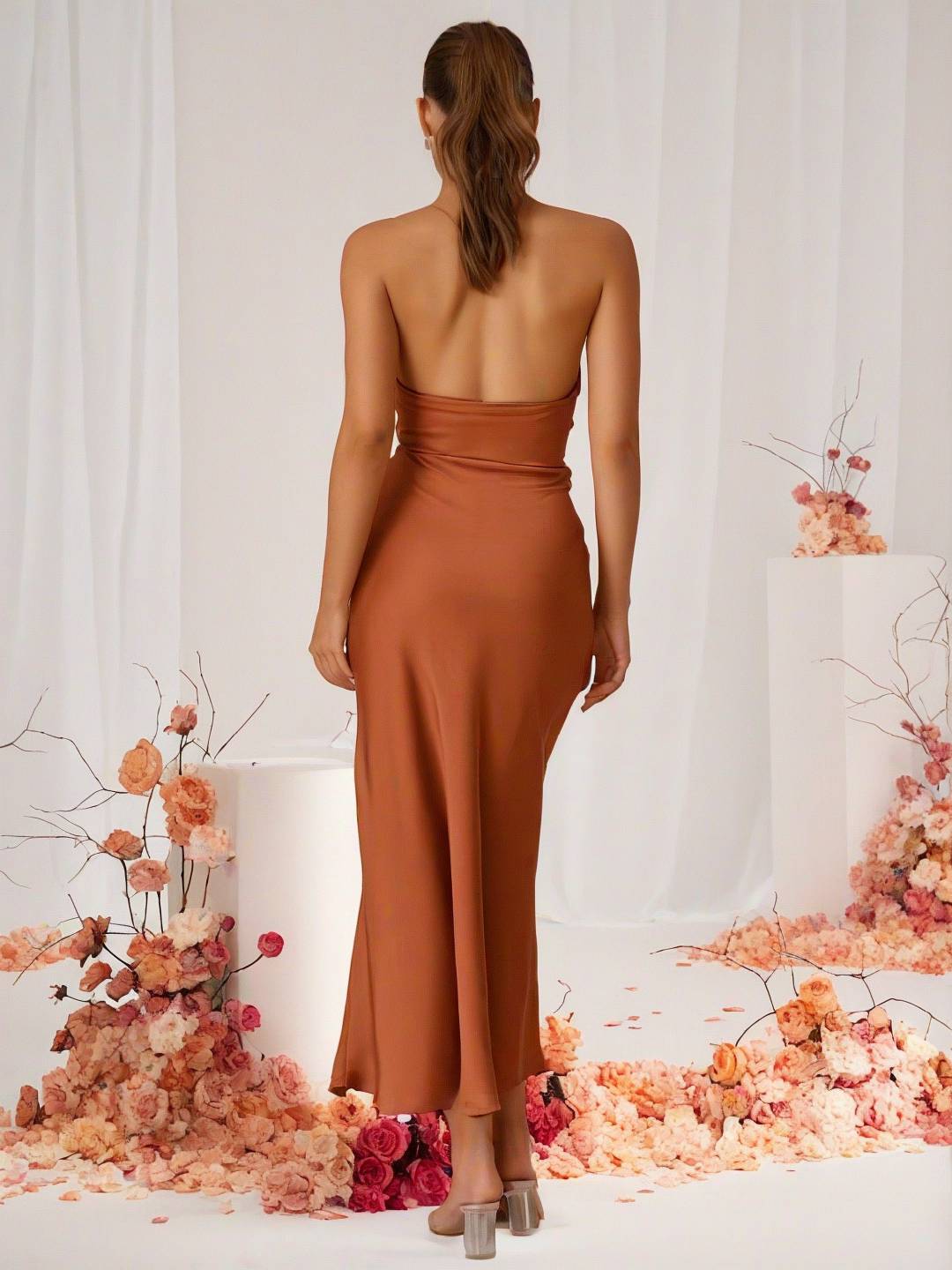 GR | Bridesmaid Dress Satin Halter Open Back Sleeveless Elegant Wedding Cocktail Ceremony Guest 