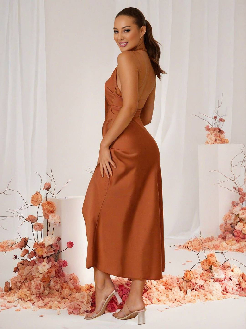GR | Bridesmaid Dress Satin Halter Open Back Sleeveless Elegant Wedding Cocktail Ceremony Guest 