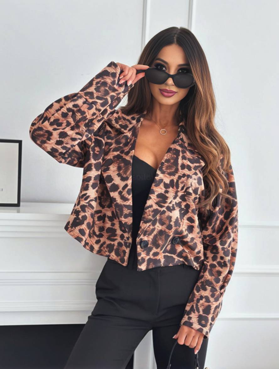 GR | Short leopard print motorcycle jacket with buttons, long sleeves, women's, elegant, casual, fashion Perfecto 