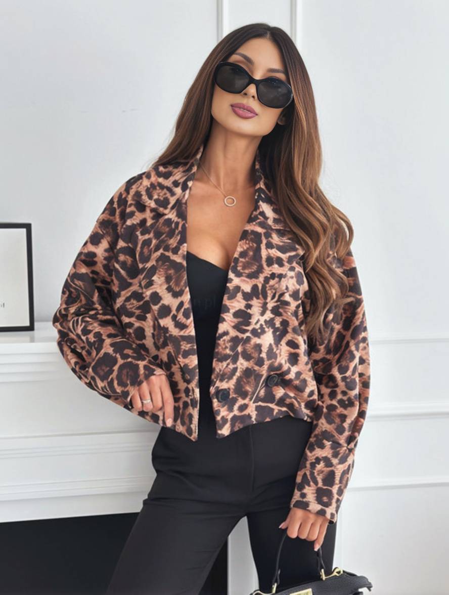 GR | Short leopard print motorcycle jacket with buttons, long sleeves, women's, elegant, casual, fashion Perfecto 