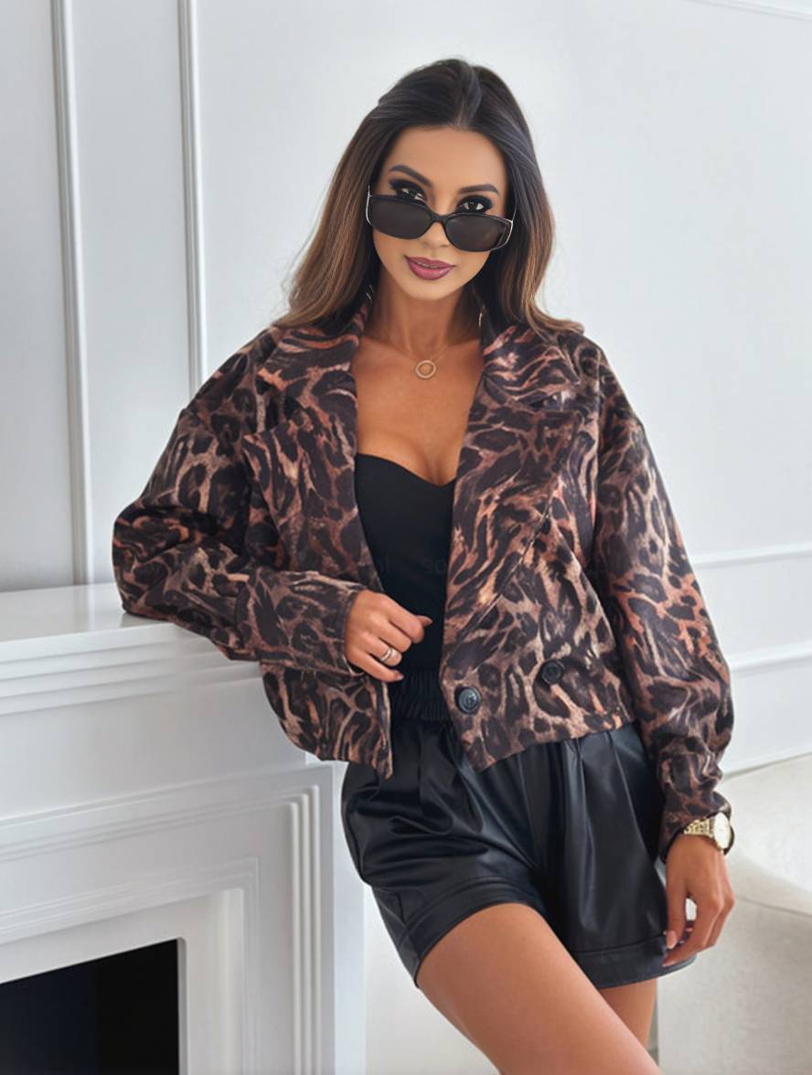 GR | Short leopard print motorcycle jacket with buttons, long sleeves, women's, elegant, casual, fashion Perfecto 