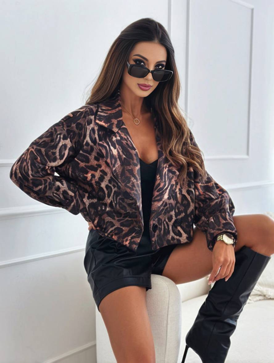 GR | Short leopard print motorcycle jacket with buttons, long sleeves, women's, elegant, casual, fashion Perfecto 