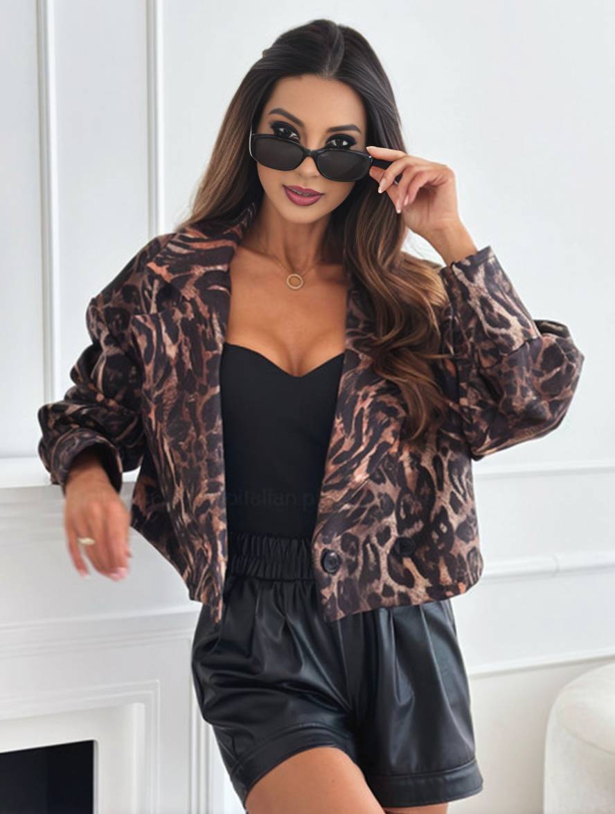 GR | Short leopard print motorcycle jacket with buttons, long sleeves, women's, elegant, casual, fashion Perfecto 
