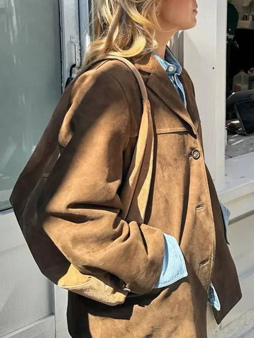 GR | Suede Blazer with Button Pockets, Long Sleeves, Women's Elegant Vintage Casual Suede Jacket 