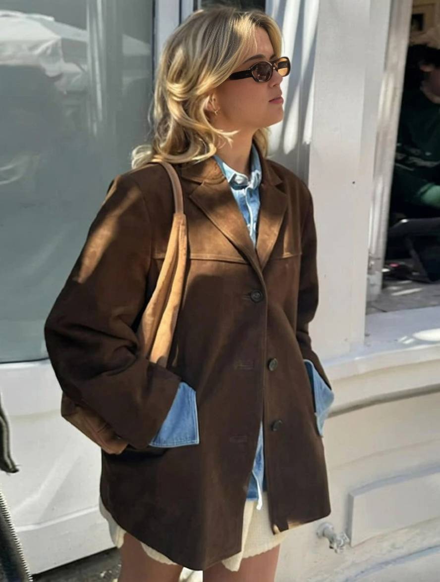 GR | Blazer Wildleder Knopf Taschen Lange Ärmel Damen Elegant Vintage Lässig Wildlederjacke