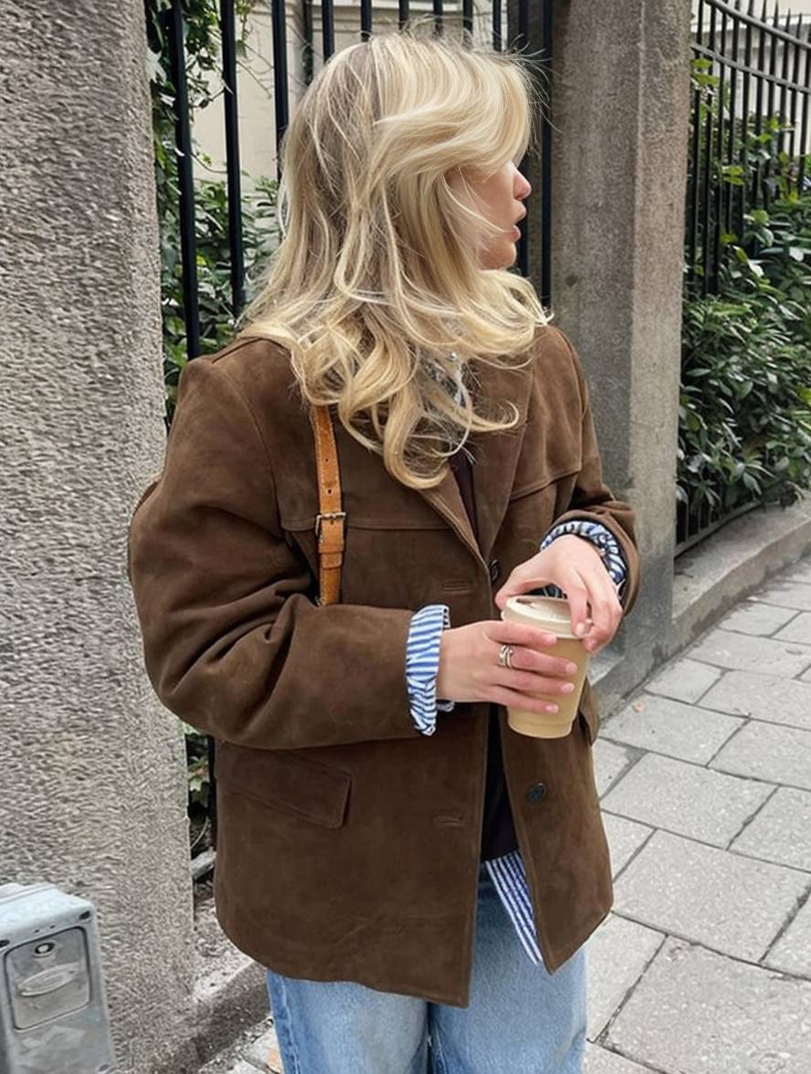 GR | Blazer Wildleder Knopf Taschen Lange Ärmel Damen Elegant Vintage Lässig Wildlederjacke