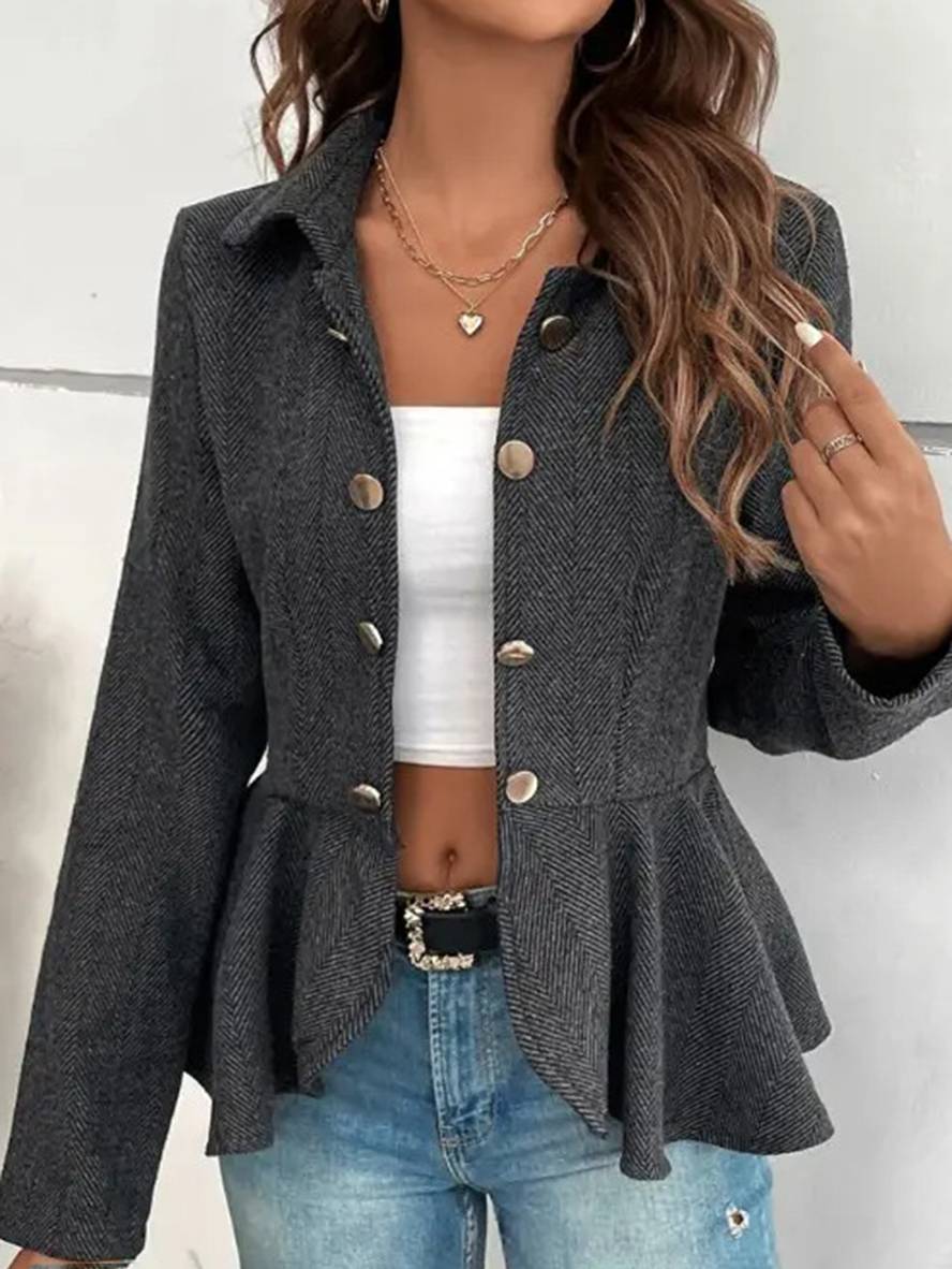 GR | Short Blazer Chevron Peplum Double Button Closure Lapel Collar Long Sleeves Women's Elegant Casual Jacket 