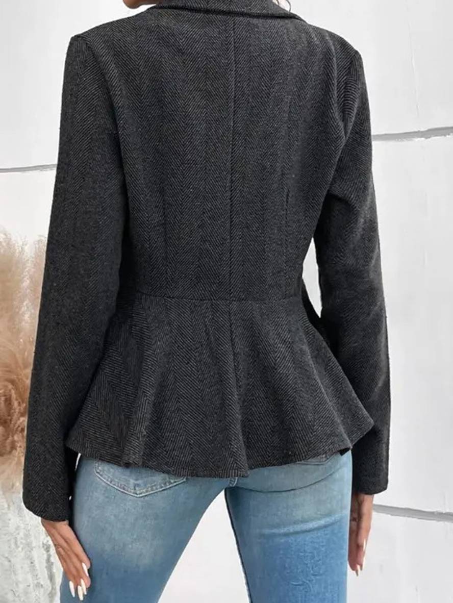 GR | Short Blazer Chevron Peplum Double Button Closure Lapel Collar Long Sleeves Women's Elegant Casual Jacket 