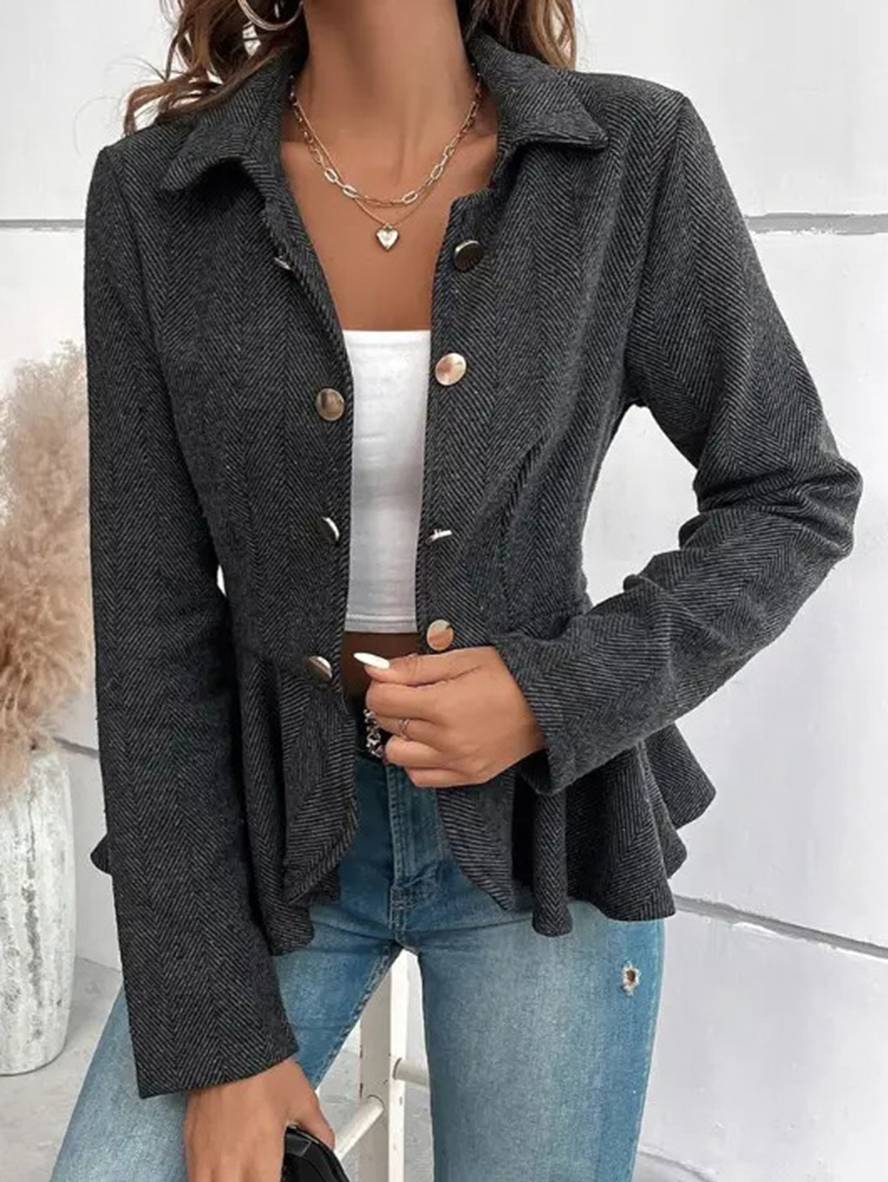 GR | Short Blazer Chevron Peplum Double Button Closure Lapel Collar Long Sleeves Women's Elegant Casual Jacket 