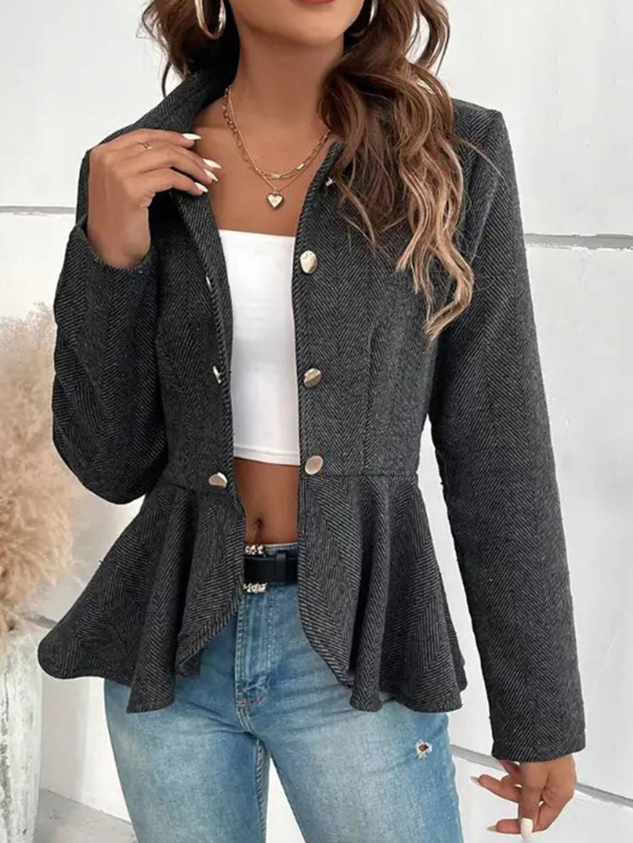GR | Short Blazer Chevron Peplum Double Button Closure Lapel Collar Long Sleeves Women's Elegant Casual Jacket 