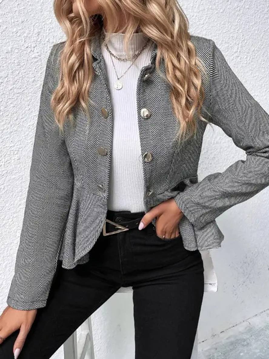 GR | Short Blazer Chevron Peplum Double Button Closure Lapel Collar Long Sleeves Women's Elegant Casual Jacket 