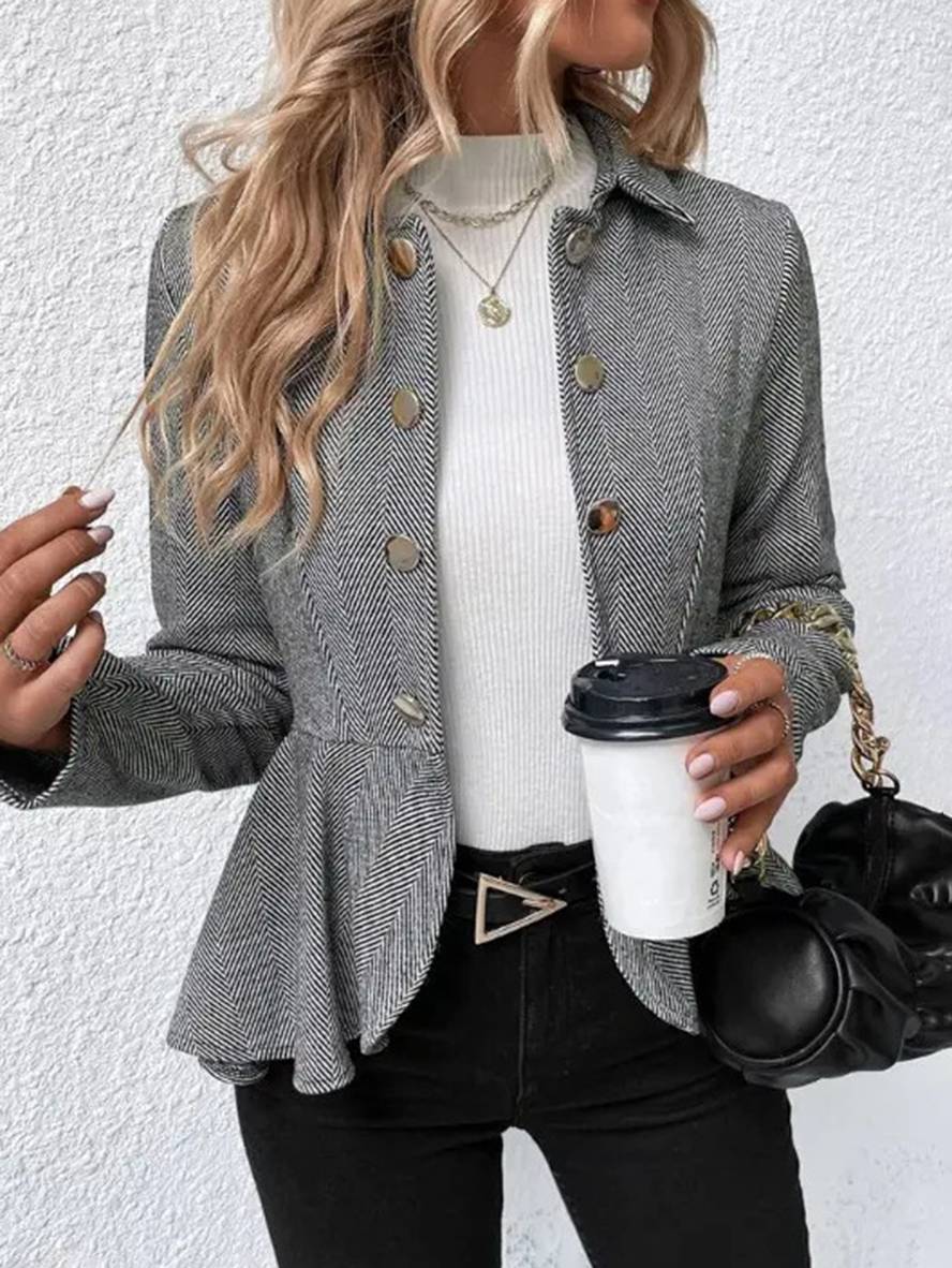 GR | Short Blazer Chevron Peplum Double Button Closure Lapel Collar Long Sleeves Women's Elegant Casual Jacket 