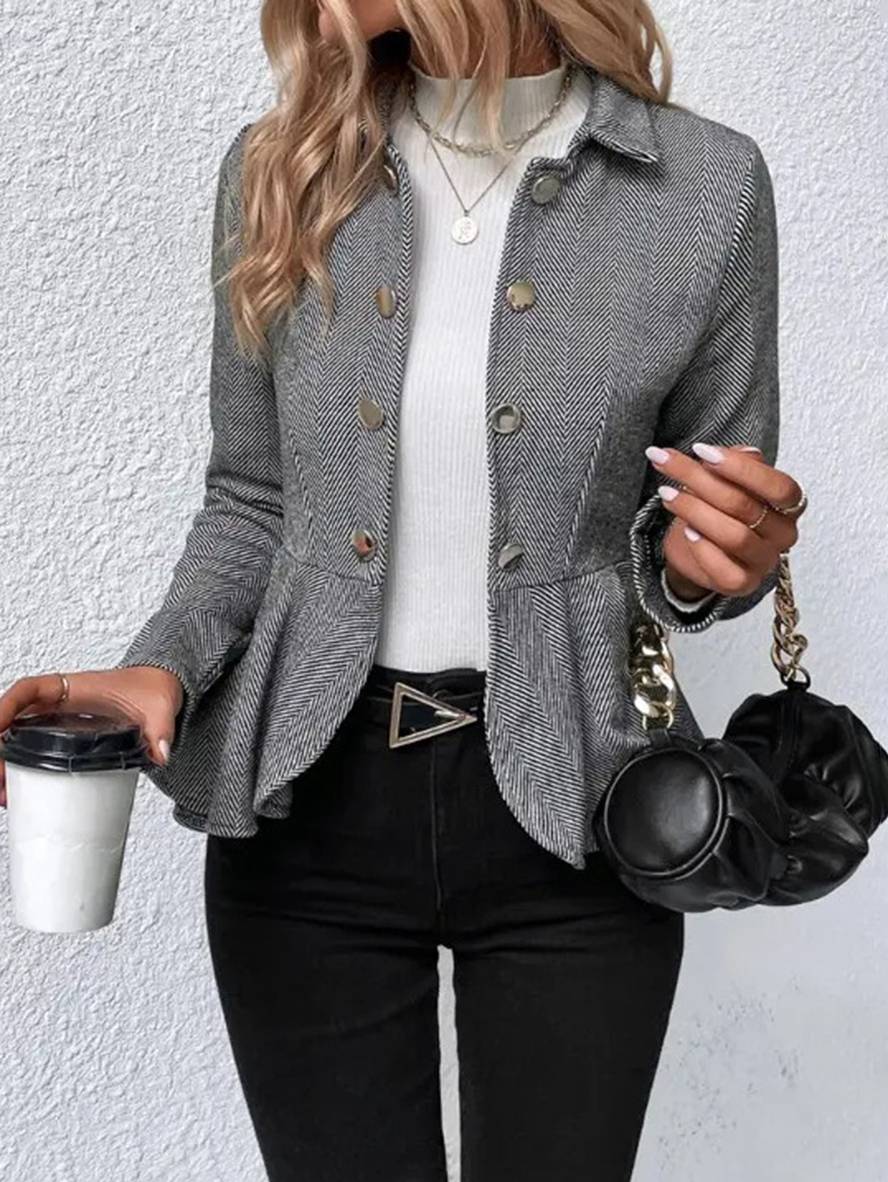 GR | Short Blazer Chevron Peplum Double Button Closure Lapel Collar Long Sleeves Women's Elegant Casual Jacket 