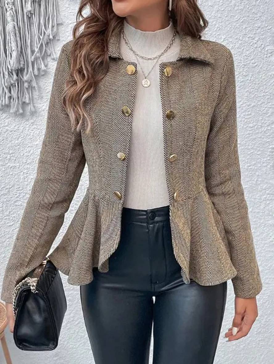 GR | Short Blazer Chevron Peplum Double Button Closure Lapel Collar Long Sleeves Women's Elegant Casual Jacket 