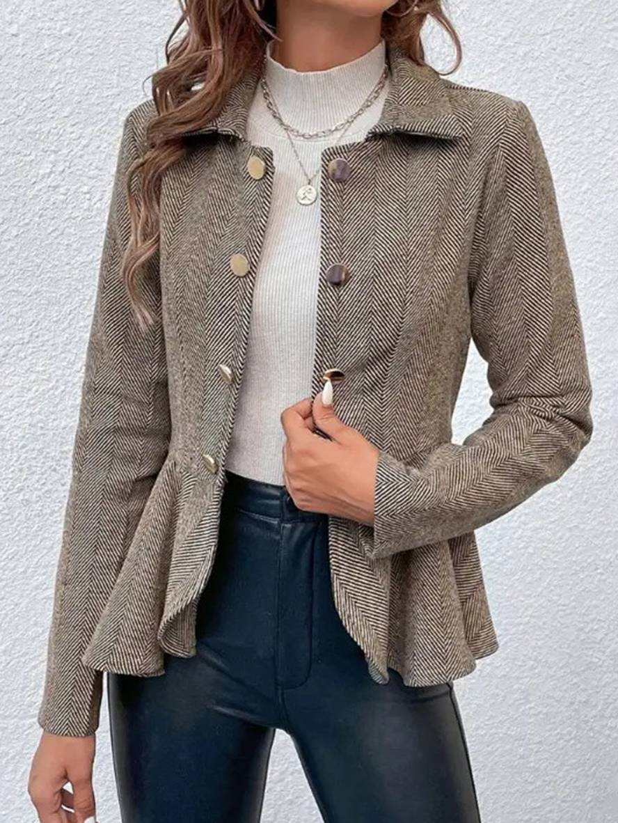 GR | Short Blazer Chevron Peplum Double Button Closure Lapel Collar Long Sleeves Women's Elegant Casual Jacket 