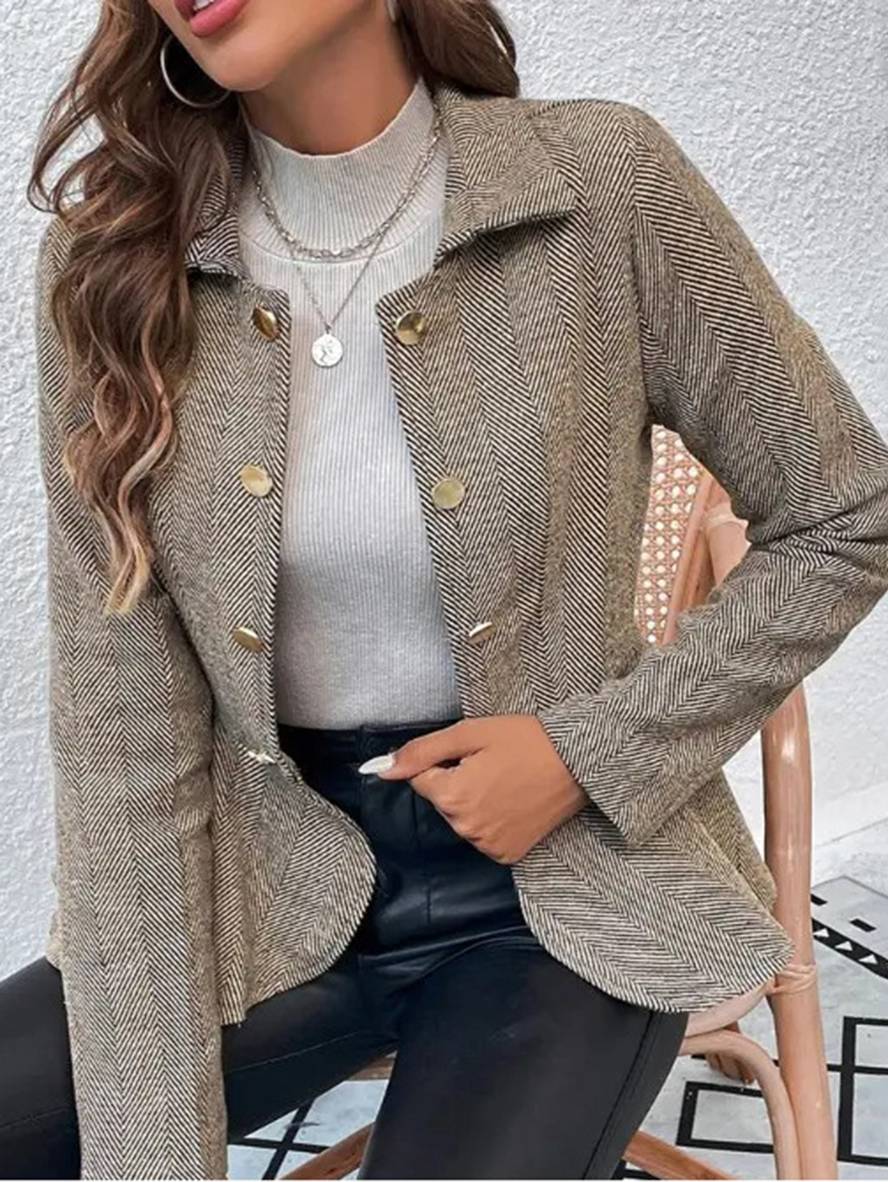 GR | Short Blazer Chevron Peplum Double Button Closure Lapel Collar Long Sleeves Women's Elegant Casual Jacket 