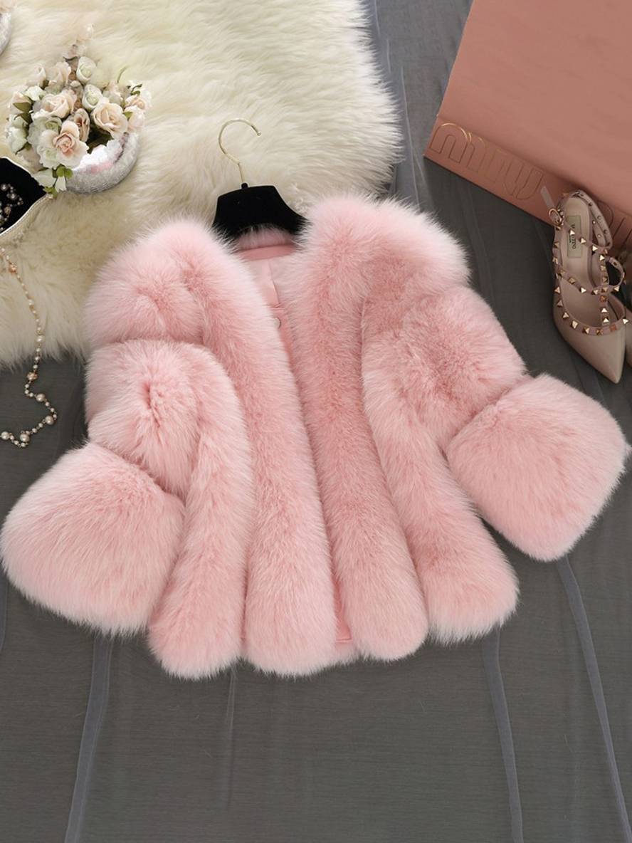 GR | Solid Color Faux Fur Coat with Long Sleeves for Women Elegant Fashion Winter Jacket 