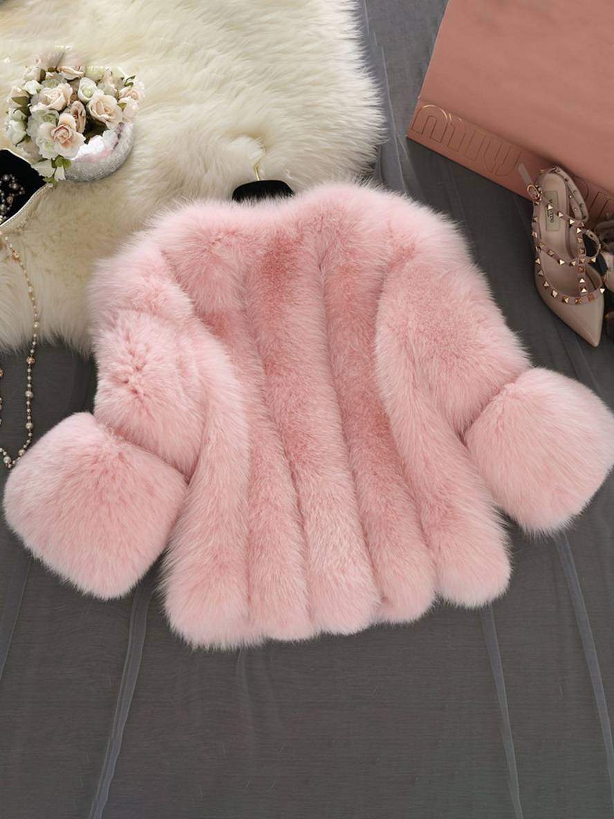 GR | Solid Color Faux Fur Coat with Long Sleeves for Women Elegant Fashion Winter Jacket 
