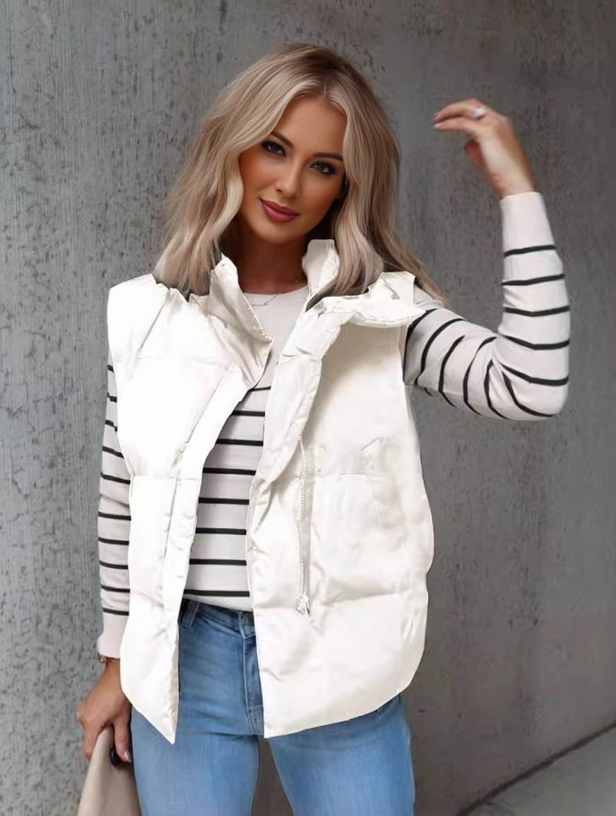GR | Short solid color down jacket with zippered pockets, sleeveless, women's elegant casual winter vest 