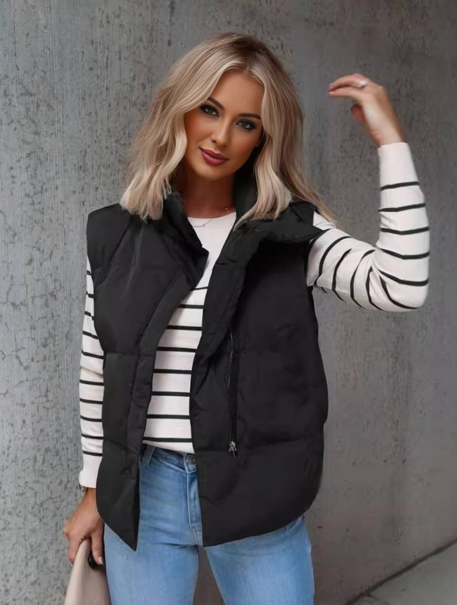 GR | Short solid color down jacket with zippered pockets, sleeveless, women's elegant casual winter vest 