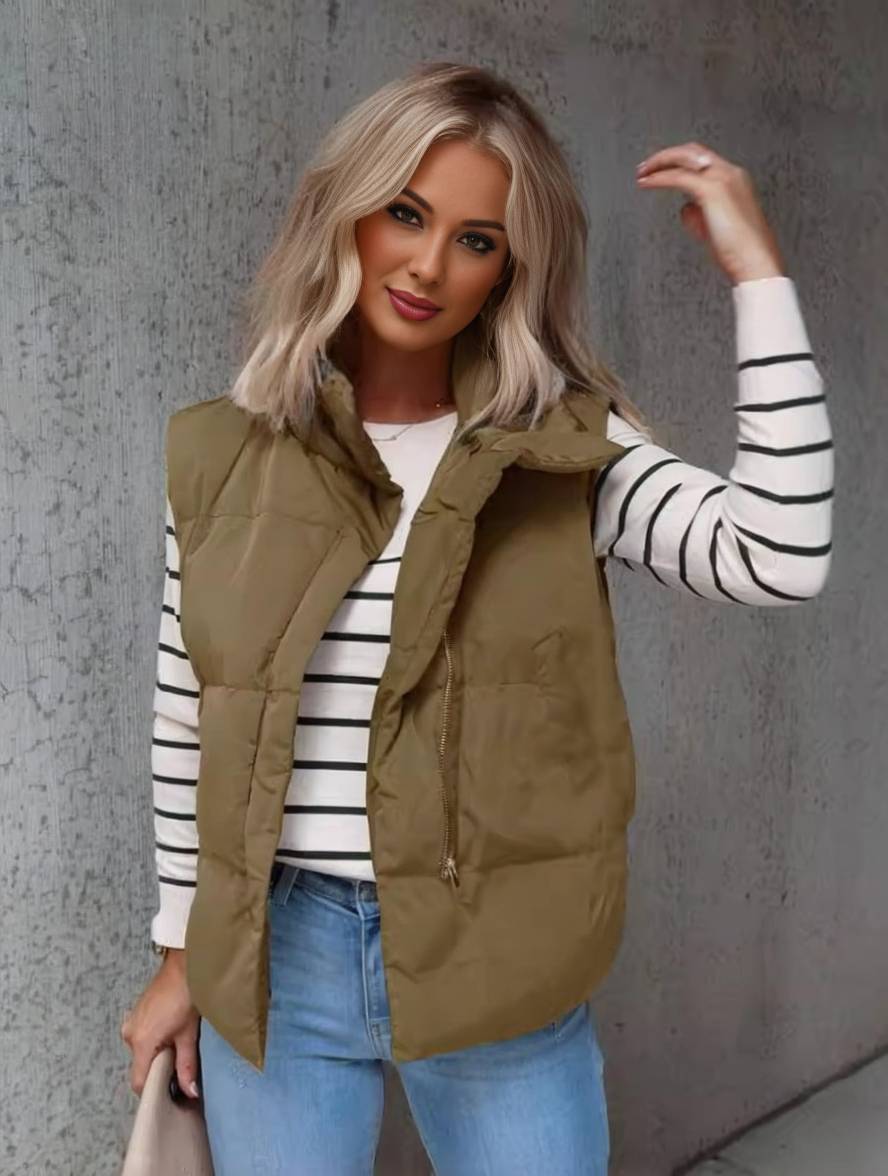 GR | Short solid color down jacket with zippered pockets, sleeveless, women's elegant casual winter vest 