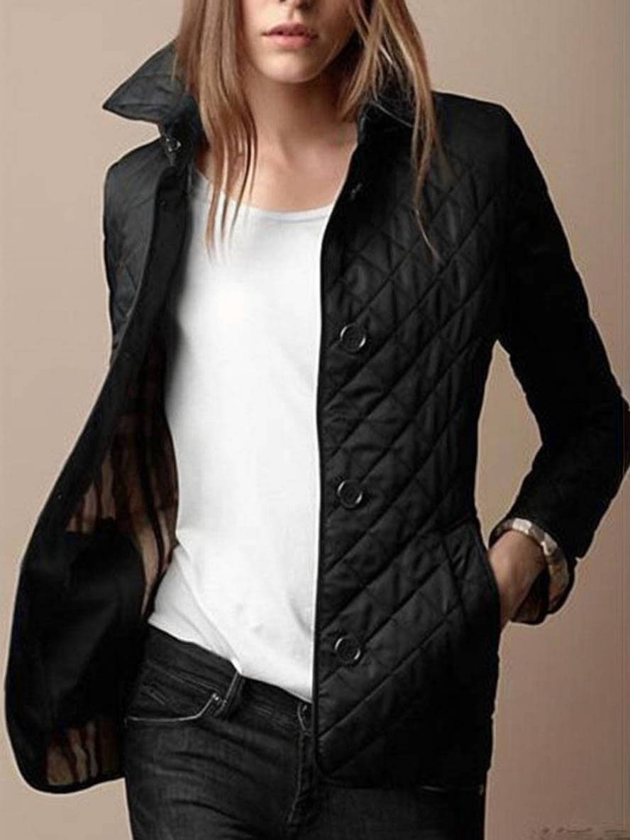 GR | Short solid color coat with button pockets, lapel, long sleeves, women's elegant casual jacket 