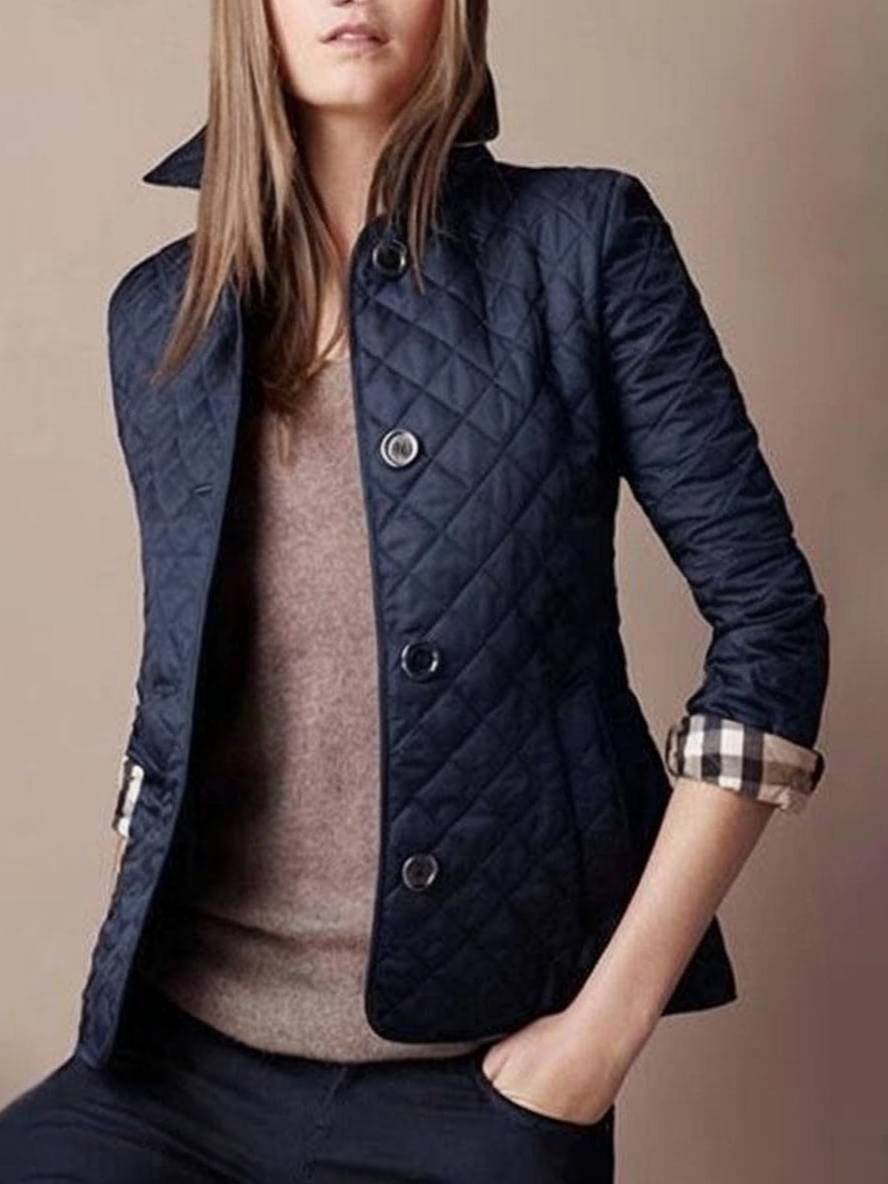 GR | Short solid color coat with button pockets, lapel, long sleeves, women's elegant casual jacket 
