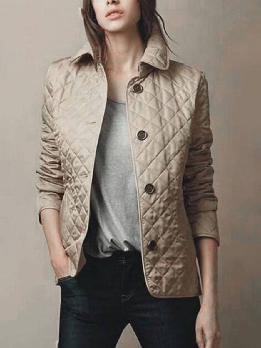 GR | Short solid color coat with button pockets, lapel, long sleeves, women's elegant casual jacket 