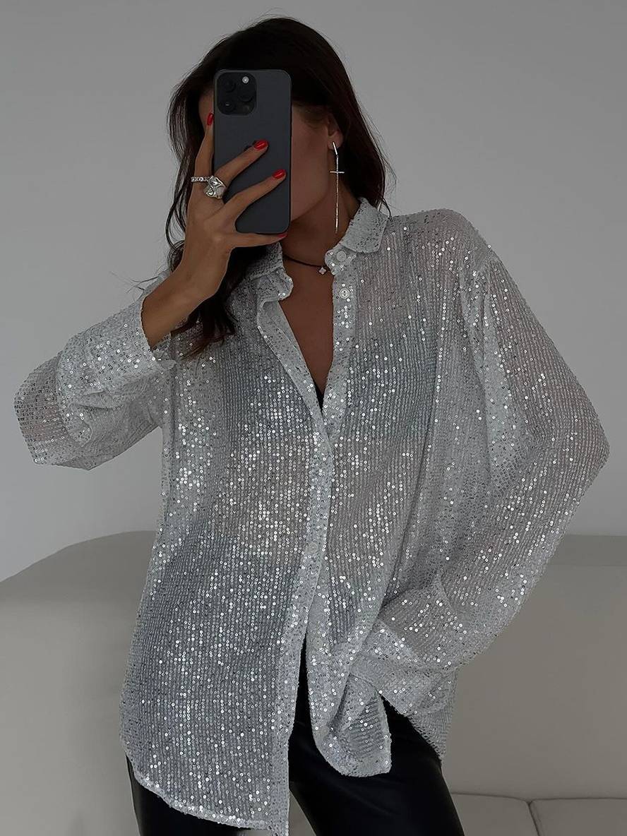 GR | Blouse Brilliant Sequin Shirt Collar Shirt Long Sleeves Women's Elegant Casual Oversized 