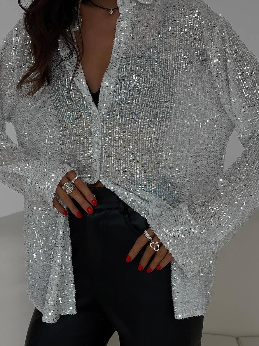 GR | Blouse Brilliant Sequin Shirt Collar Shirt Long Sleeves Women's Elegant Casual Oversized 