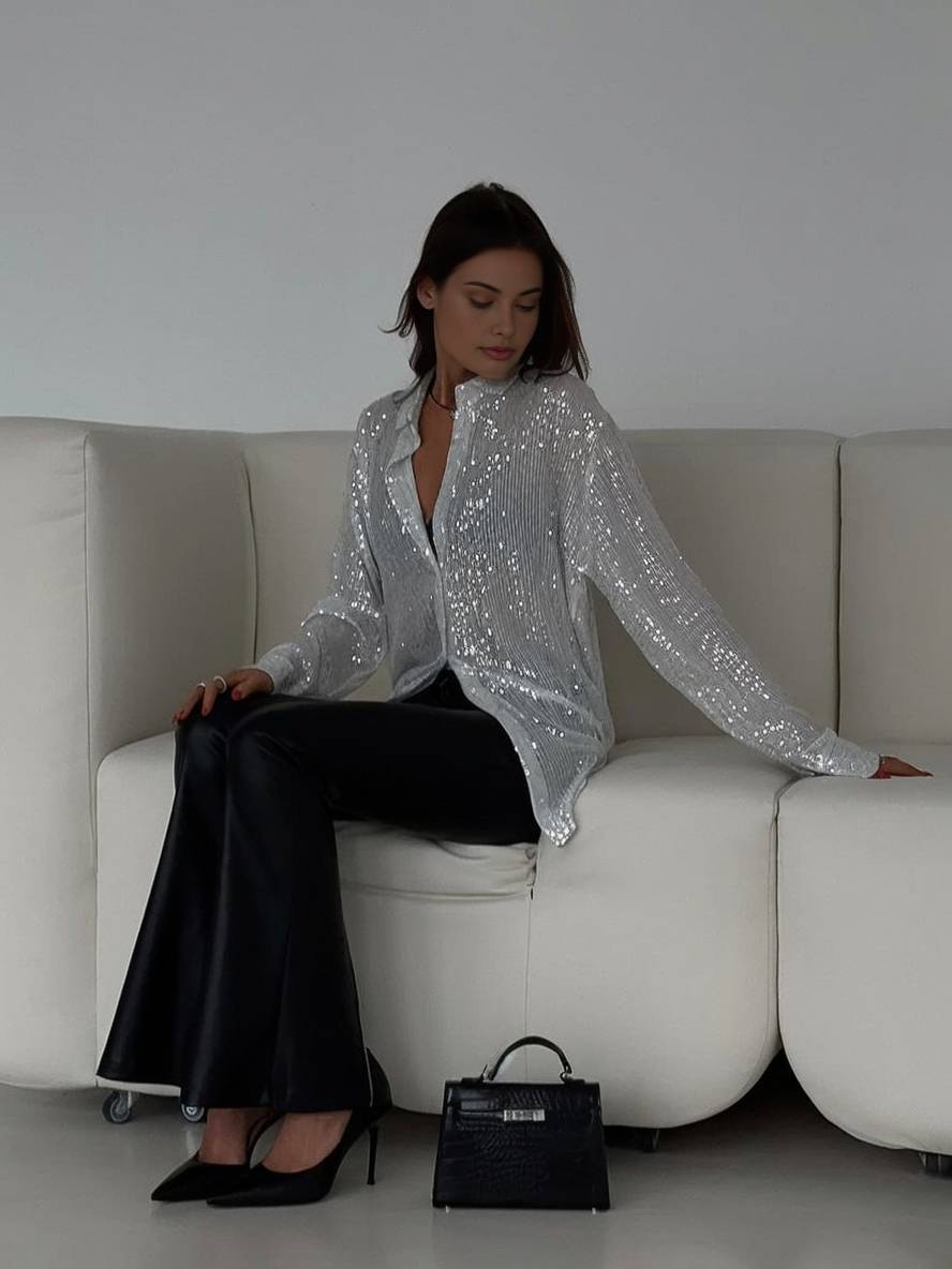 GR | Blouse Brilliant Sequin Shirt Collar Shirt Long Sleeves Women's Elegant Casual Oversized 
