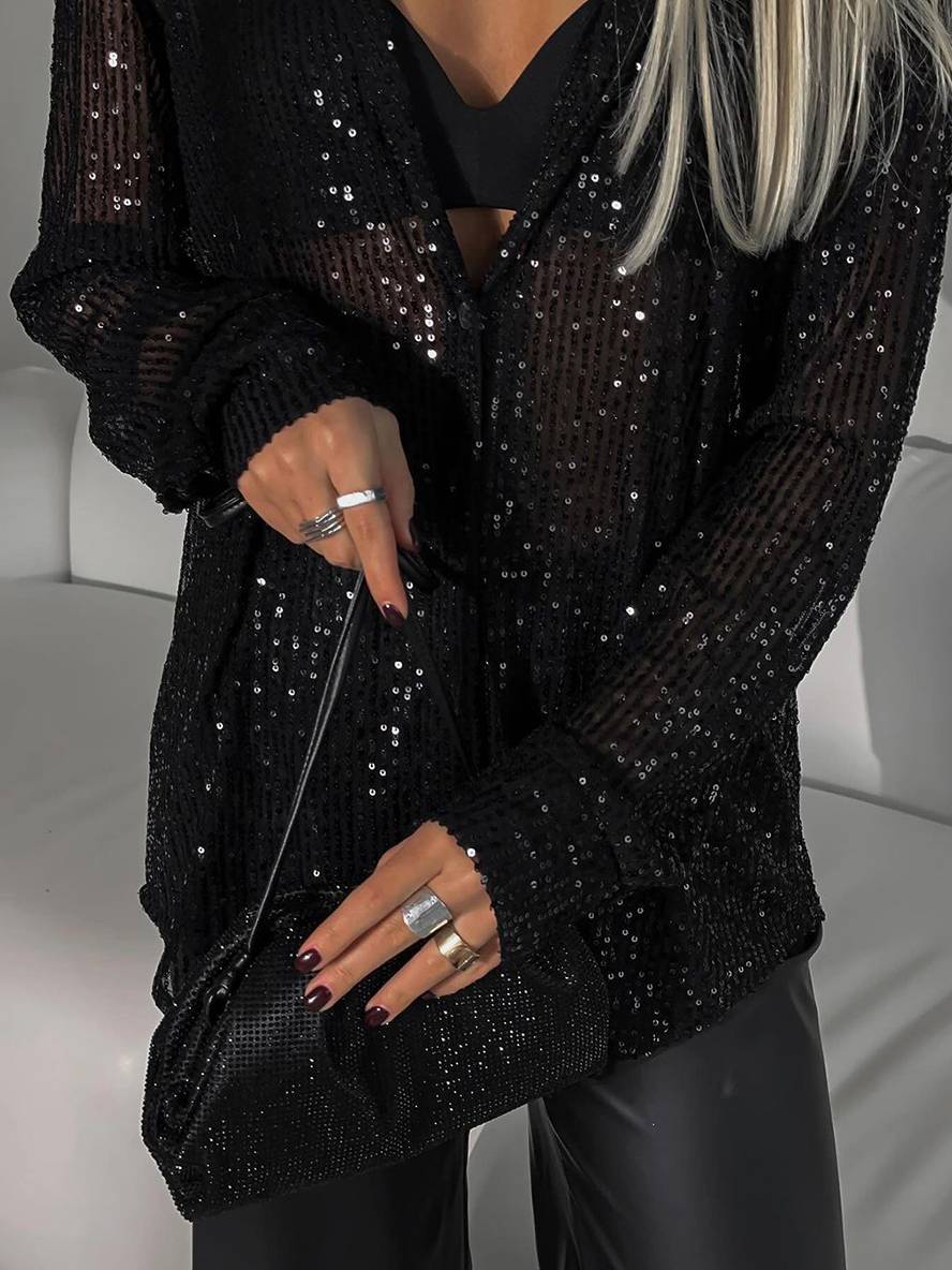 GR | Blouse Brilliant Sequin Shirt Collar Shirt Long Sleeves Women's Elegant Casual Oversized 