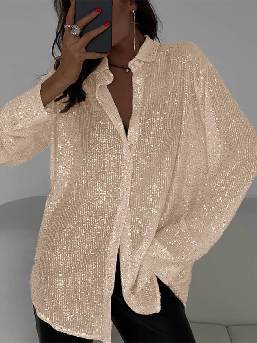 GR | Blouse Brilliant Sequin Shirt Collar Shirt Long Sleeves Women's Elegant Casual Oversized 