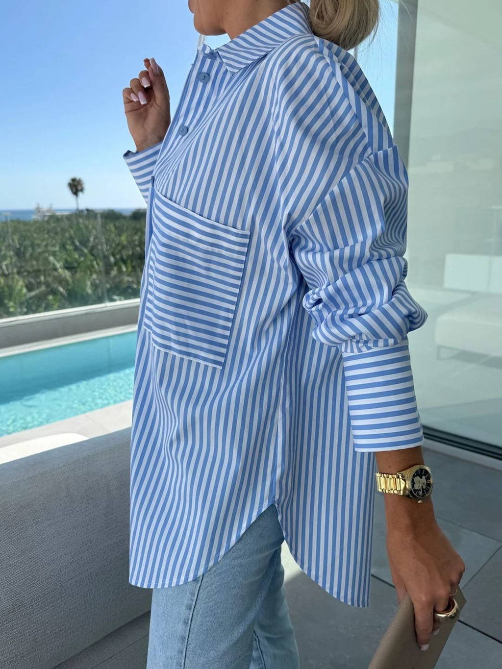 GR | Striped Blouse Button-Up Shirt Collar Long Sleeves Women's Elegant Tailored Casual Plus Sizes 