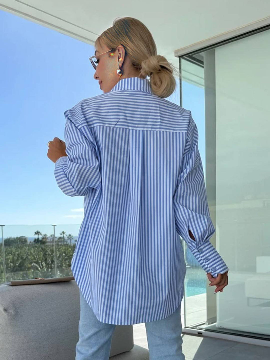 GR | Striped Blouse Button-Up Shirt Collar Long Sleeves Women's Elegant Tailored Casual Plus Sizes 