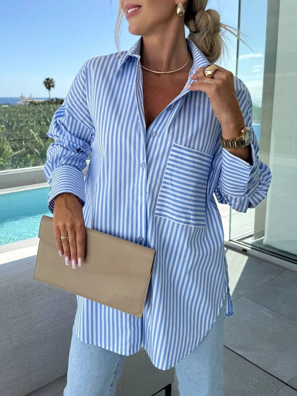 GR | Striped Blouse Button-Up Shirt Collar Long Sleeves Women's Elegant Tailored Casual Plus Sizes 