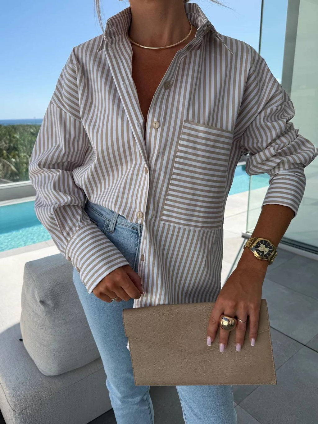 GR | Striped Blouse Button-Up Shirt Collar Long Sleeves Women's Elegant Tailored Casual Plus Sizes 
