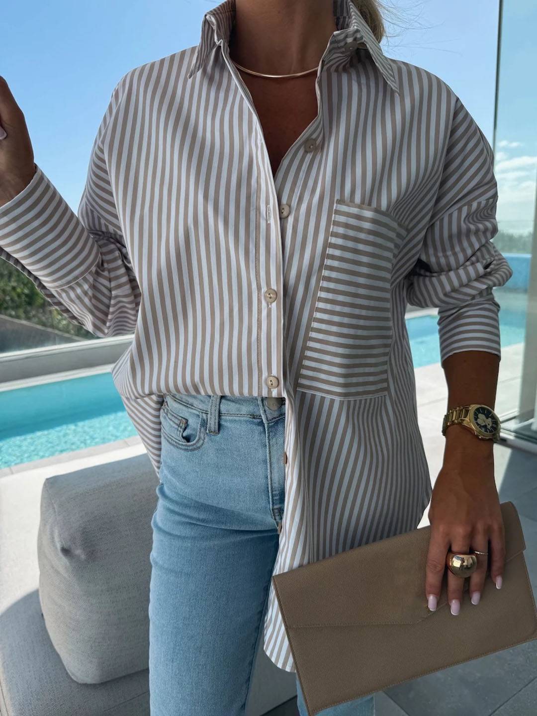 GR | Striped Blouse Button-Up Shirt Collar Long Sleeves Women's Elegant Tailored Casual Plus Sizes 
